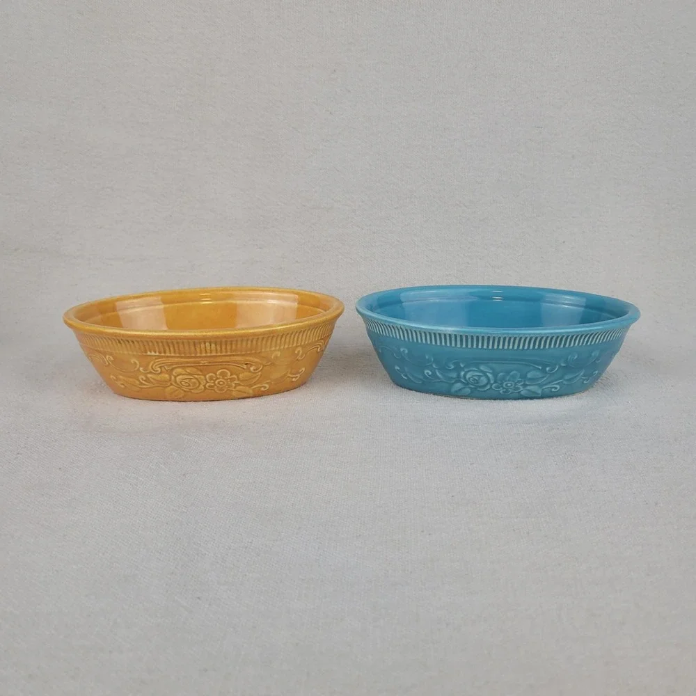 Vintage Homer‎ Laughlin Oven Serve Oval Casserole Dishes Blue Yellow Set of 2